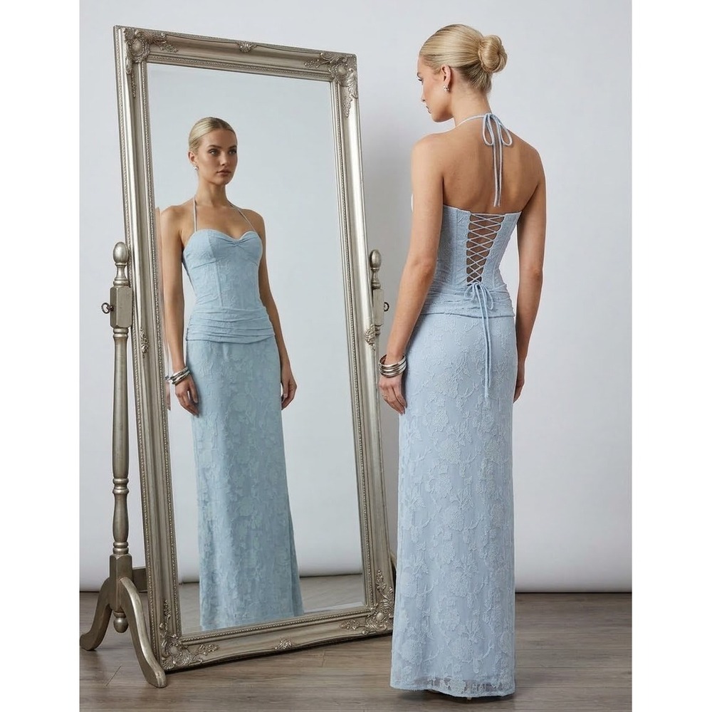 Princess Polly Love From Portofino Blue Floral Jacquard Corset Maxi Dress Lace 2